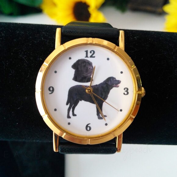 Ladies Wristwatch Black Labrador Retriever Vtg Leather Band Coastal Chic Preppy - Picture 3 of 10